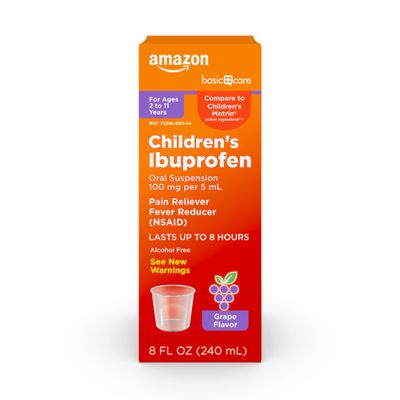 Amazon Basic Care Children's Ibuprofen Oral Suspension 100 mg per 5 mL, Pain Reliever and Fever Reducer, Grape Flavor, For Minor Aches, Sore Throat, Headache Relief and More, 8 fl oz (Pack of 1)