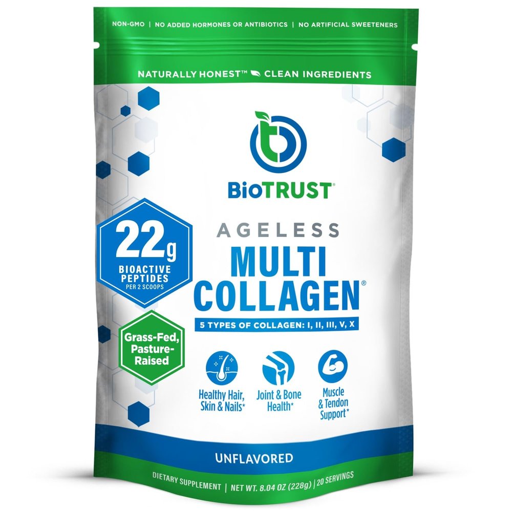 BioTrust Ageless Multi Collagen Peptides Powder 5 Types (I, II, III, V, X) Unflavored Collagen Powder for Women & Men Hydrolyzed Protein Grass Fed Beef, Fish, Chicken, Eggshell Membrane