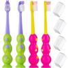 Kids Toothbrush 4 Pack - Soft Contoured Bristles - Child Sized Brush Heads (3-10 Year Old) - Suction Cup for Fun & Easy Storage - Girl & Boy Set (Green & Pink) view 1