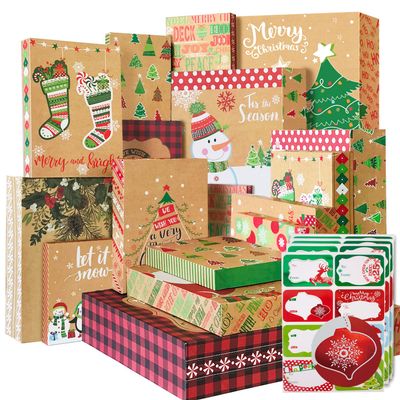12 Kraft Christmas Gift Boxes with Lids for wrapping Large Clothes and 80 Foil Christmas Gift Stickers (Assorted size for wrapping Robes, Sweater, Coat, Shirts and Clothes xmas Holiday Present)