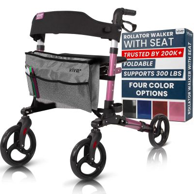 Vive Mobility Rollator Walker - Folding 4 Wheel Medical Rolling Walker with Seat & Bag - Mobility Aid for Adult, Senior, Elderly & Handicap (Pearl Pink, Gray Bag)