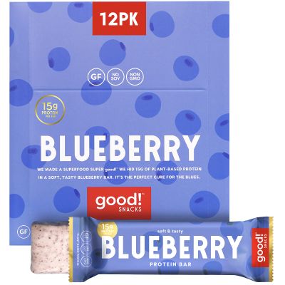 good! Snacks Blueberry Vegan Protein Bar, Soy & Gluten Free, Plant Based, Low Sugar, 15g Clean Protein, Natural Healthy Superfood Snack, Kosher Friendly, For Athletes & Active Lifestyles, 12 Bars
