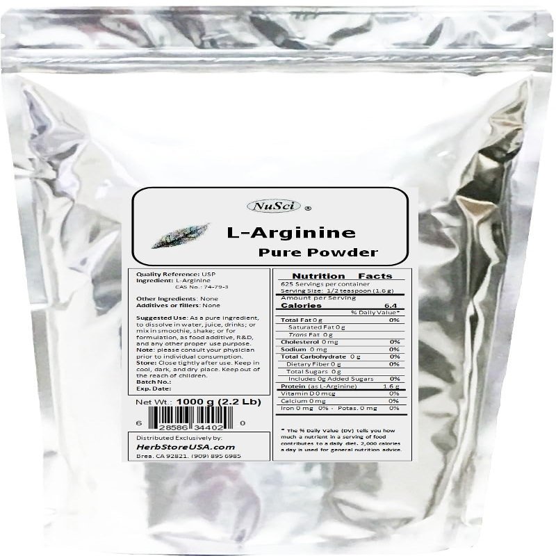 NuSci L-Arginine Powder Pure Base Form (1000 Grams (2.2 lb))