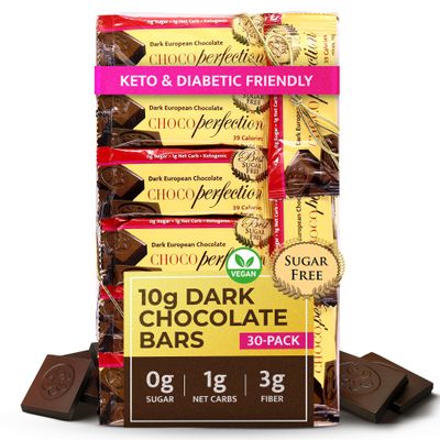 ChocoPerfection Sugar Free Dark Chocolate  Keto-Friendly, Gluten-Free, Vegan, No Maltitol, Low-Carb, Low Glycemic, Fiber-Rich, Ideal Valentines Day, Diabetic & Keto Gifts  Box of 30 Bars, 10g Each