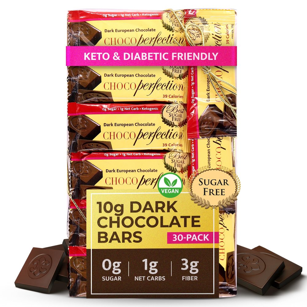 ChocoPerfection Sugar Free Dark Chocolate  Keto-Friendly, Gluten-Free, Vegan, No Maltitol, Low-Carb, Low Glycemic, Fiber-Rich, Ideal Valentines Day, Diabetic & Keto Gifts  Box of 30 Bars, 10g Each