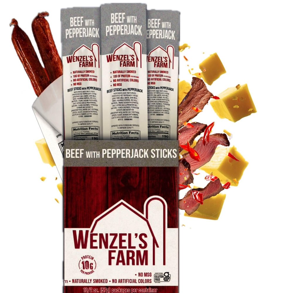 Wenzels Farm Beef with Pepperjack Sticks Snack Sticks Flavorful, Naturally Smoked High Protein, Low Carb No MSG, Fillers, Binders, Artificial Colors Gluten Free | 32 sticks (16 packs of 2)