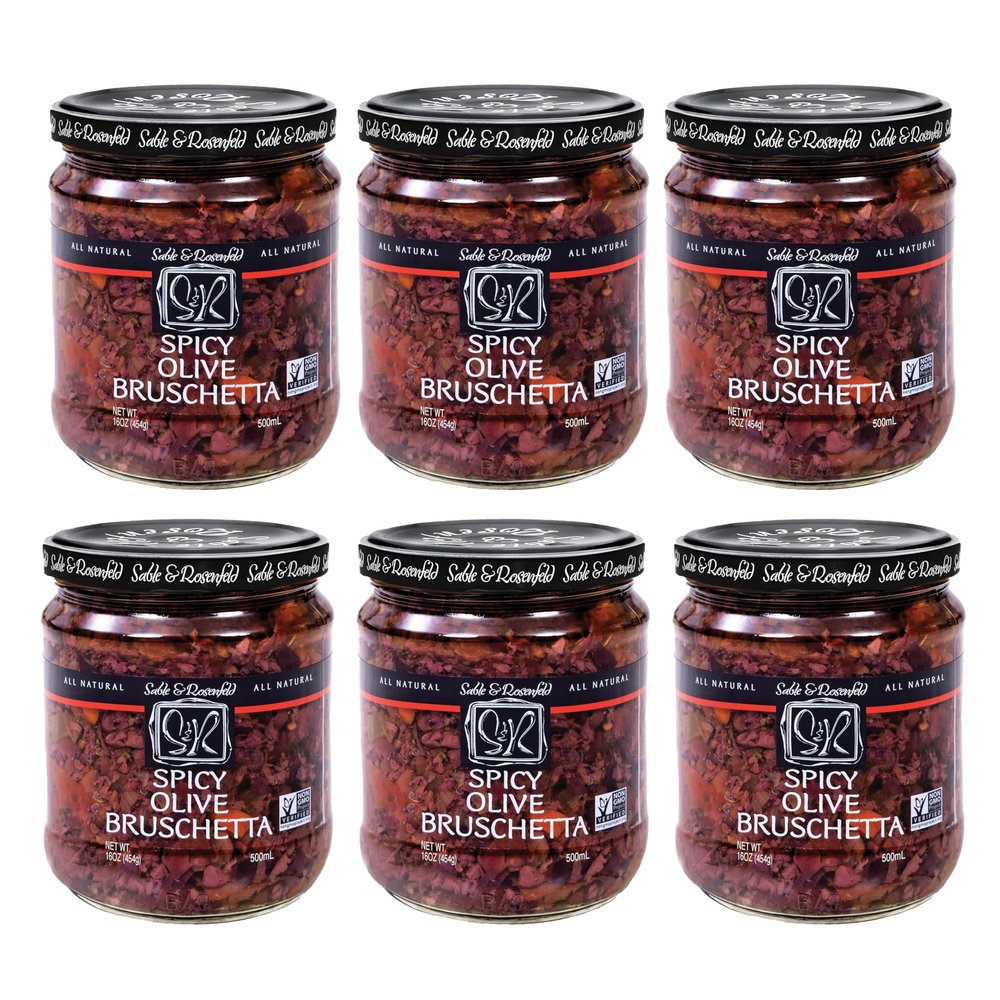 Sable & Rosenfeld Spicy Olive Bruschetta in a Jar 16 oz (Pack of 6), Kalamata Mediterranean Sandwich Spread with Peppers and Olive Oil, Non-GMO, Gluten-Free