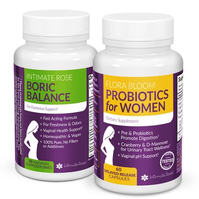 Intimate Rose Combo Pack! Flora Bloom Probiotics for Women (One Bottle) and Boric Balance Boric Acid (One Bottle) 2 Pack