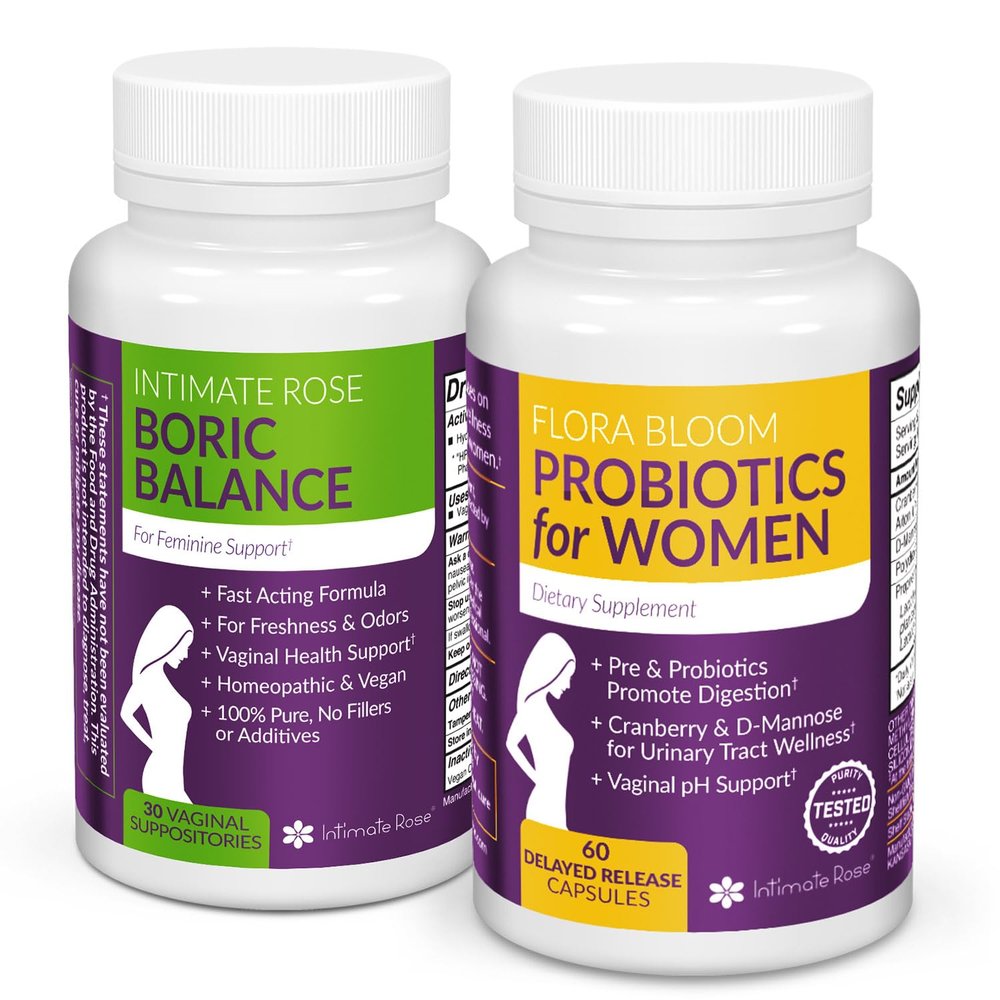 Intimate Rose Combo Pack! Flora Bloom Probiotics for Women (One Bottle) and Boric Balance Boric Acid (One Bottle) 2 Pack