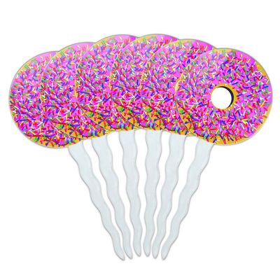 Set of 6 Cupcake Picks Toppers Decoration Food Drink Bacon Coffee - Pink Donut Sprinkles