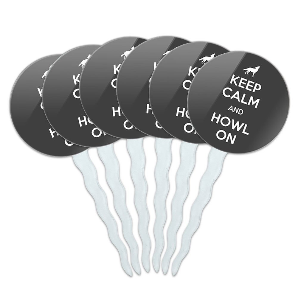 Set of 6 Cupcake Picks Toppers Decoration Keep Calm and H-O - Howl On Wolf - Keep Calm and