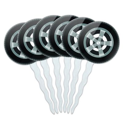 Set of 6 Cupcake Picks Toppers Decoration Automotive Racing Number - Tire