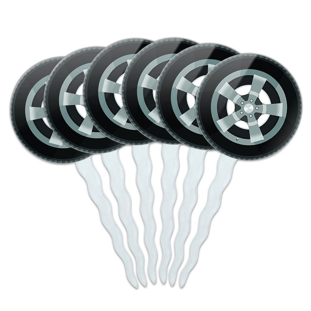 Set of 6 Cupcake Picks Toppers Decoration Automotive Racing Number - Tire