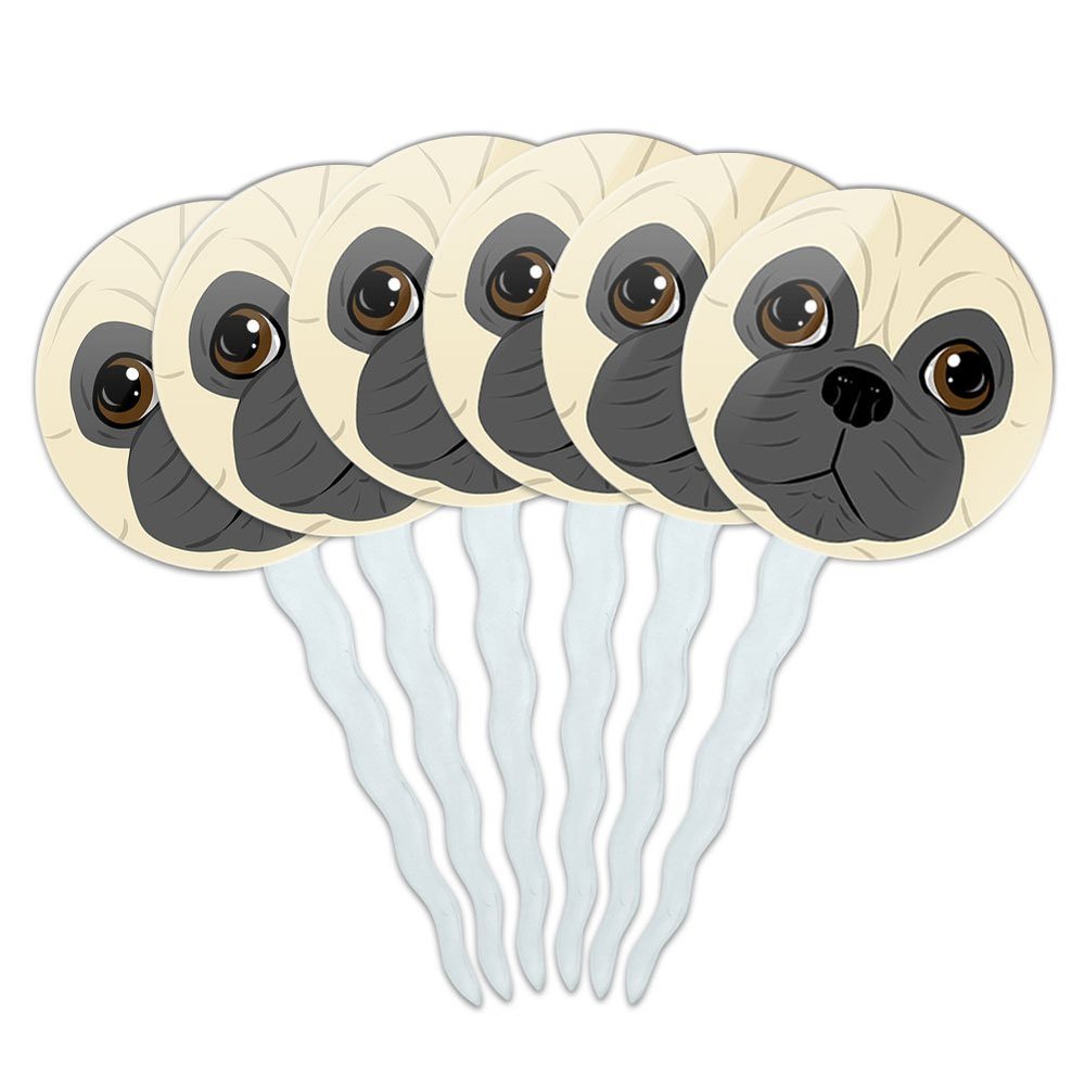 Set of 6 Cupcake Picks Toppers Decoration Dog Puppy - Pug Face
