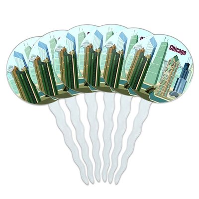 Set of 6 Cupcake Picks Toppers Decoration Places and Things - Chicago Hancock Building Willis Tower