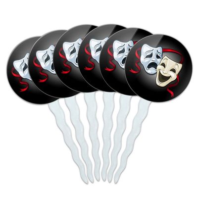 Set of 6 Cupcake Picks Toppers Decoration Places and Things - Drama Comedy Tragedy Masks Theater