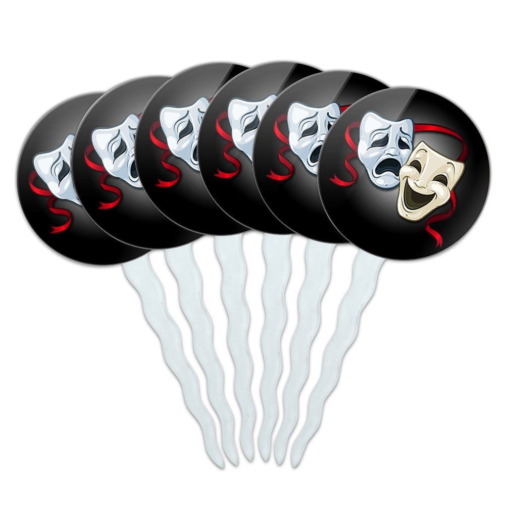 Set of 6 Cupcake Picks Toppers Decoration Places and Things - Drama Comedy Tragedy Masks Theater