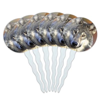 Set of 6 Cupcake Picks Toppers Decoration Animals - Wolf Gray with Fall Background