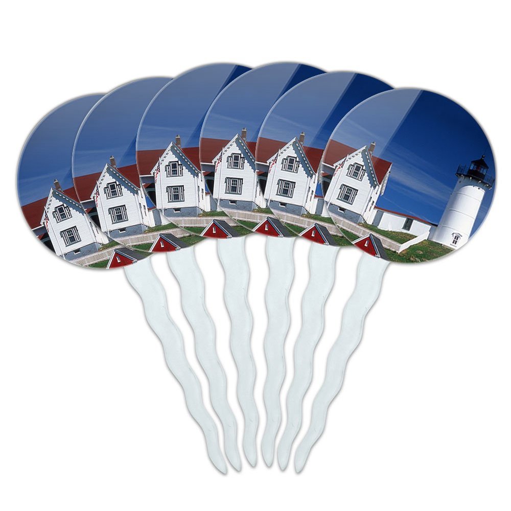 Set of 6 Cupcake Picks Toppers Decoration Places and Things - Nubble Light Lighthouse Maine ME