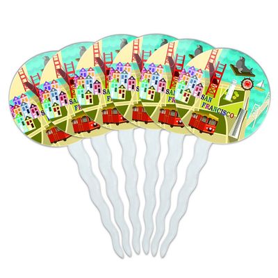 Set of 6 Cupcake Picks Toppers Decoration Places and Things - San Francisco Golden Gate Bridge Bay Pier 39