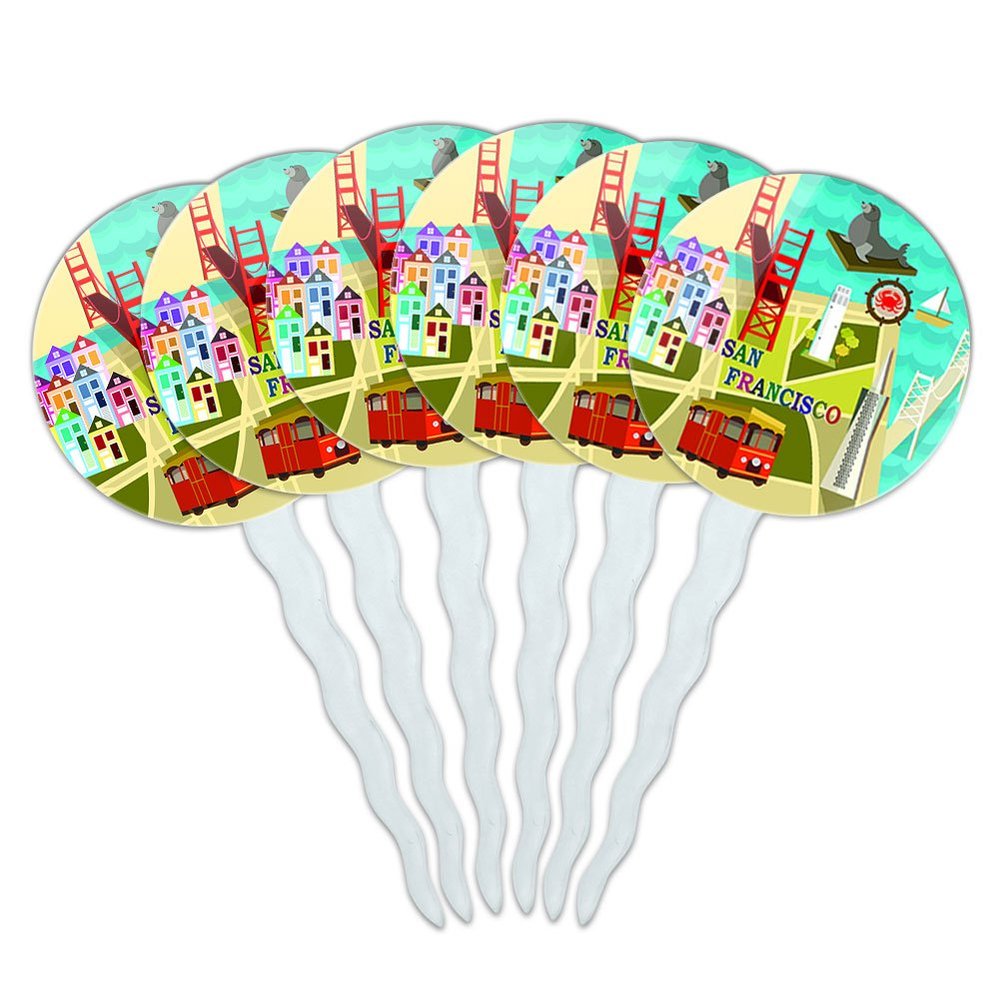 Set of 6 Cupcake Picks Toppers Decoration Places and Things - San Francisco Golden Gate Bridge Bay Pier 39