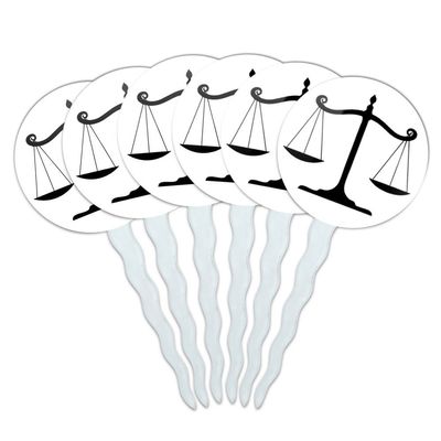 Set of 6 Cupcake Picks Toppers Decoration Symbols - Balanced Scales of Justice Symbol Legal Lawyer B&W