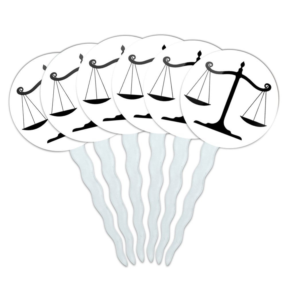 Set of 6 Cupcake Picks Toppers Decoration Symbols - Balanced Scales of Justice Symbol Legal Lawyer B&W