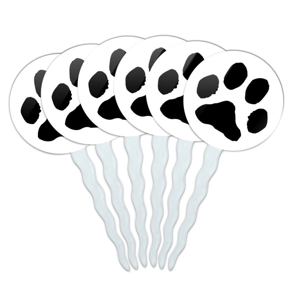 Set of 6 Cupcake Picks Toppers Decoration Paw Print - Pet Dog Cat