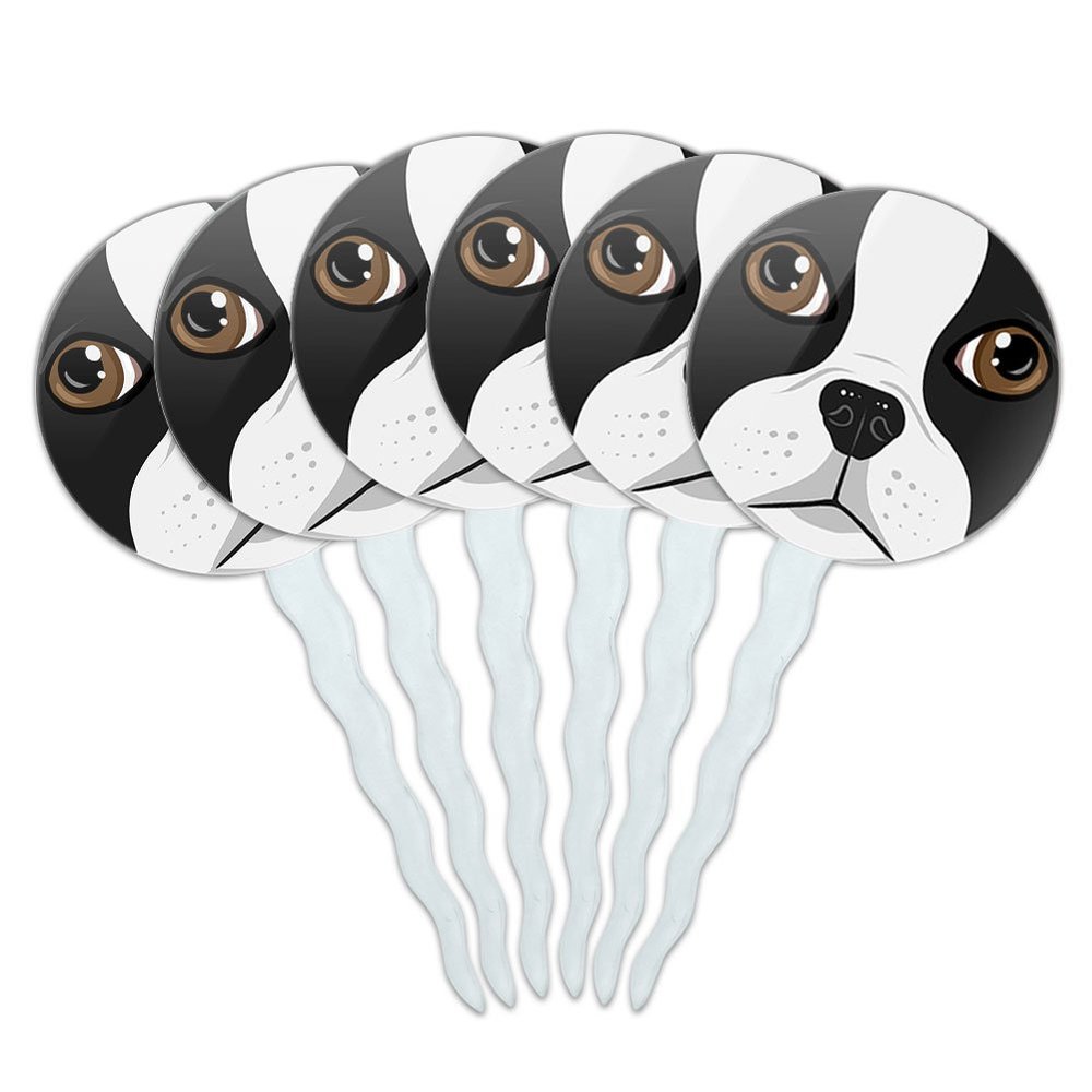 Set of 6 Cupcake Picks Toppers Decoration Dog Puppy - Boston Terrier Face