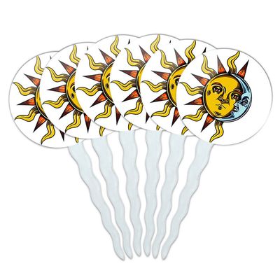 Set of 6 Cupcake Picks Toppers Decoration Symbols - Mystical Sun and Moon Occult