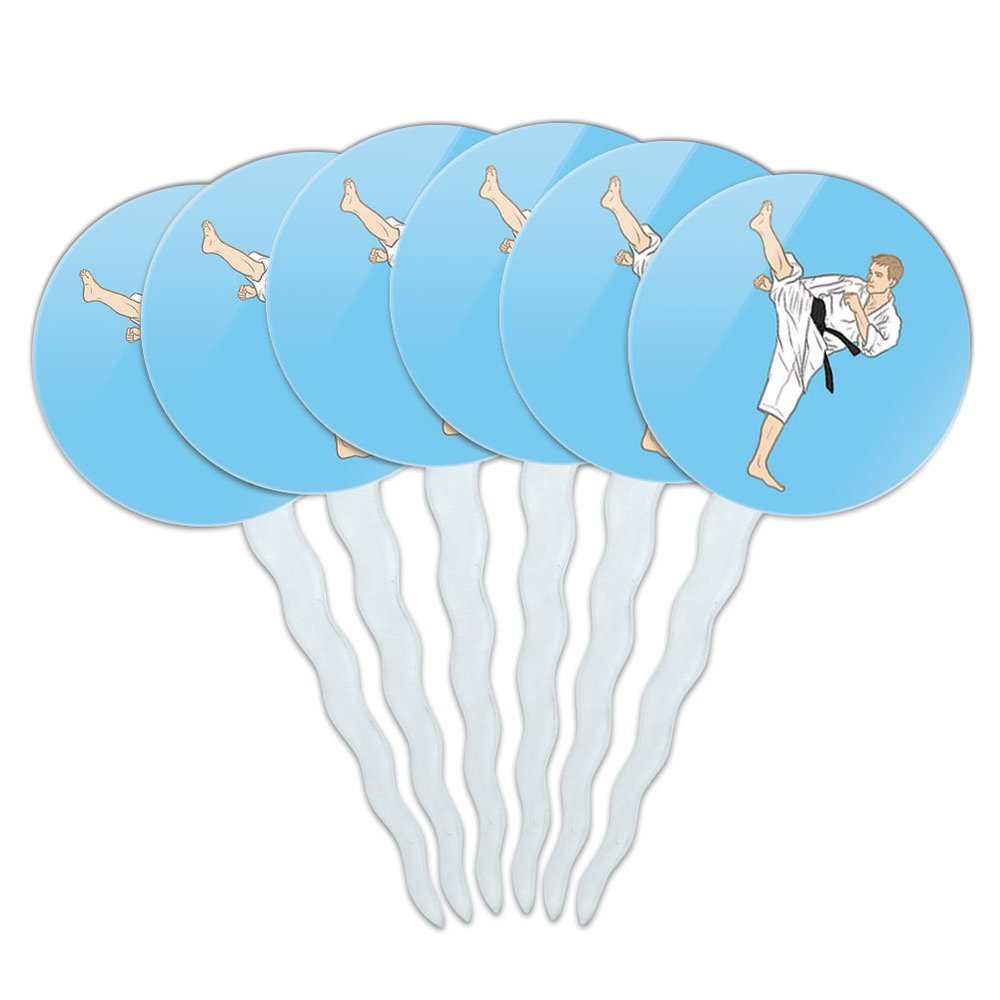 Set of 6 Cupcake Picks Toppers Decoration Sports and Hobbies - Karate Martial Arts Black Belt Sport