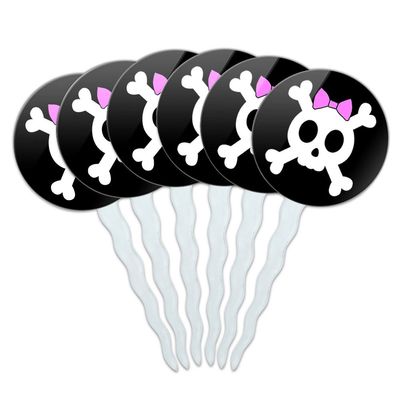 Set of 6 Cupcake Picks Toppers Decoration Pirate Skull Crossbones - Girly Skull With Hairbow