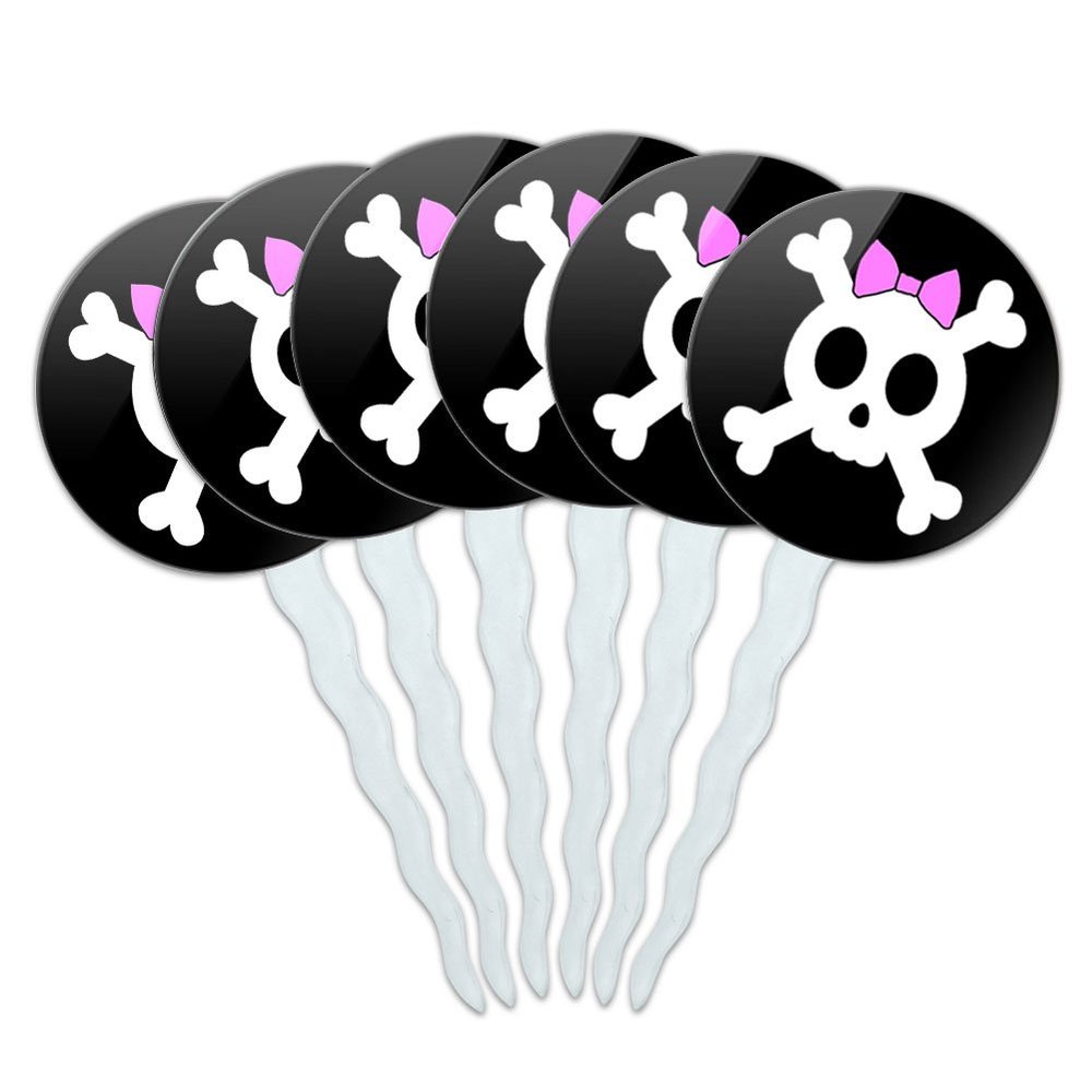 Set of 6 Cupcake Picks Toppers Decoration Pirate Skull Crossbones - Girly Skull With Hairbow