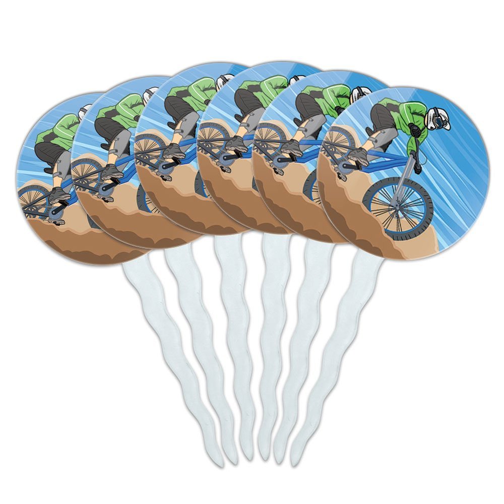 Set of 6 Cupcake Picks Toppers Decoration Sports and Hobbies - Mountain Biking Biker