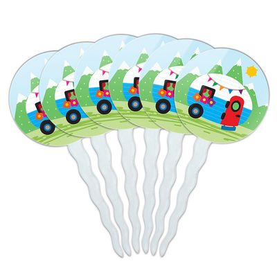 Set of 6 Cupcake Picks Toppers Decoration Summer Party Celebration BBQ - Vintage Retro Camper Trailer