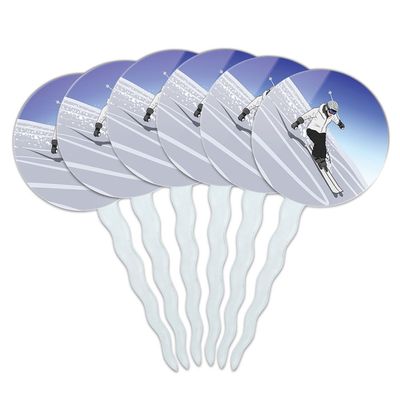 Set of 6 Cupcake Picks Toppers Decoration Sports and Hobbies - Skiing Down Mountain Skier Snow Skis