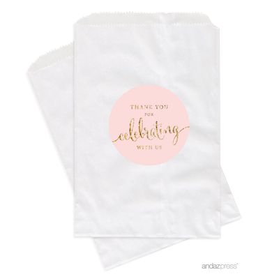 Andaz Press Dessert Table Party Favor Bags, Thank You for Celebrating With Us, Blush Pink Gold Glitter Print, 20-Pack, For Wedding Baby Shower Graduation Candy Buffet Treat Bags