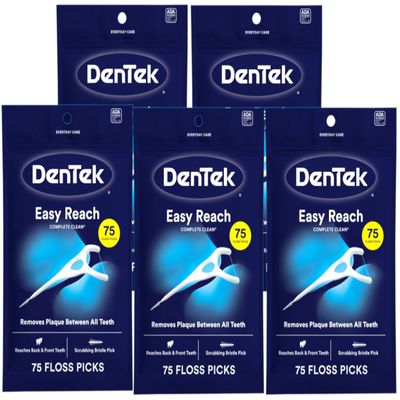 DenTek Complete Clean | Easy Reach Angled Floss Picks | No Break & No Shred Floss | Designed for Hard to Reach Molars | Y-Shaped Pick | 75 Count in Each (Pack of 5)