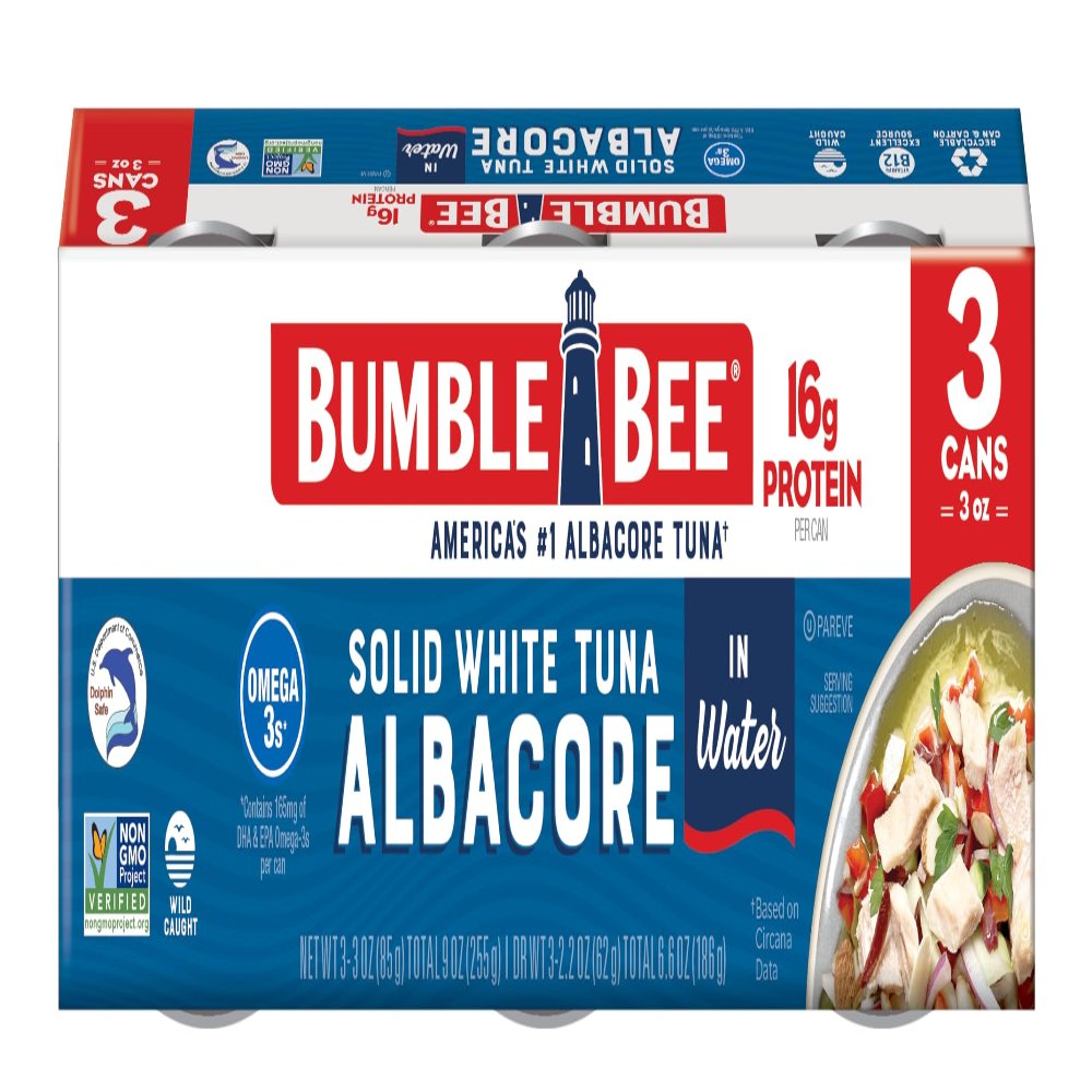 Bumble Bee Solid White Albacore Tuna in Water, 3 oz Can (Pack of 3) - Wild Caught Tuna - 16g Protein per Serving, High in Omega-3s - Non-GMO Project Verified, Gluten Free, Kosher