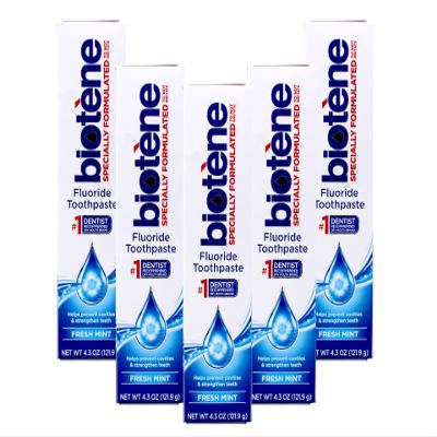 Biotene Fluoride Toothpaste for Dry Mouth Symptoms, Bad Breath Treatment and Cavity Prevention, Fresh Mint - 4.3 oz (Pack of 5)