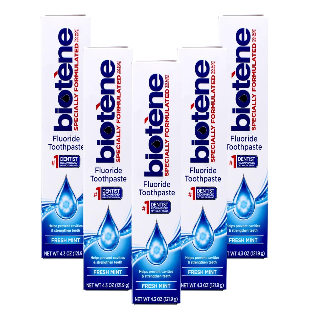 Biotene Fluoride Toothpaste for Dry Mouth Symptoms, Bad Breath Treatment and Cavity Prevention, Fresh Mint - 4.3 oz (Pack of 5)