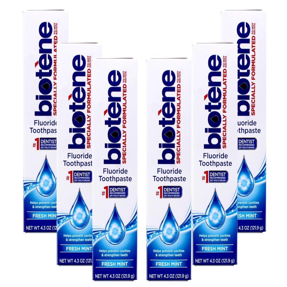 Biotene Fluoride Toothpaste for Dry Mouth Symptoms, Bad Breath Treatment and Cavity Prevention, Fresh Mint - 4.3 oz (Pack of 6)