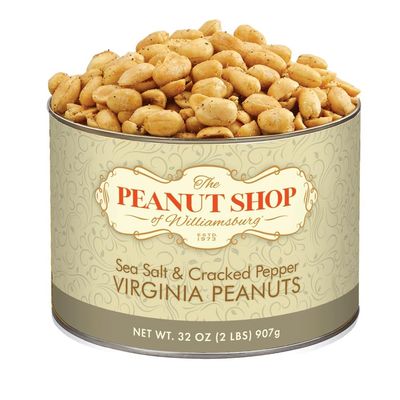 The Peanut Shop of Williamsburg Salted Virginia Peanuts, Salt and Pepper Peanuts with Sea Salt & Cracked Pepper, Gluten-Free Hand Cooked - 32 Oz Tin