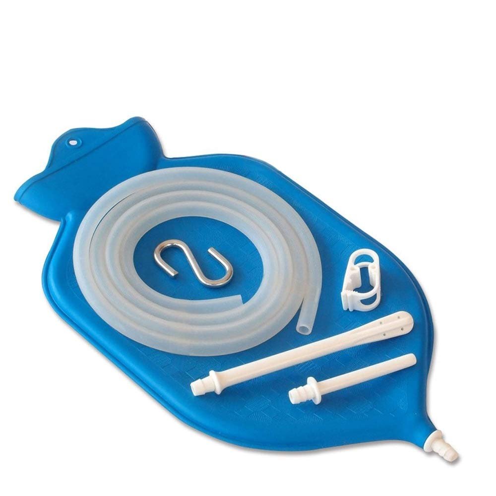 HealthAndYoga NaturoFlo Superior Enema Bag Kit with Silicone Tubing Hose and Fittings - 2 Quart Fountain Open top Kit for Fleet Enema and Anal Douche - Blue