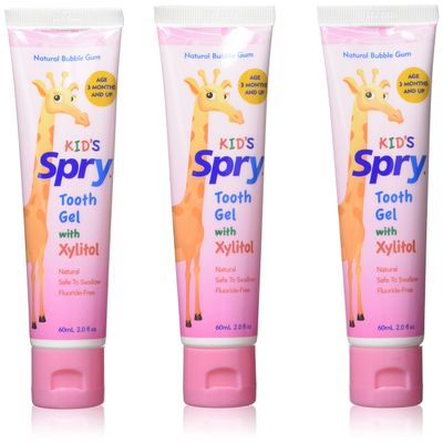 Spry Natural Xylitol Toothpaste for Baby, Toddler and Kids Age 3 Months and Up - Fluoride Free Tooth Gel, Tasty, Support Development of Emerging Teeth, Bubble Gum 2 Fl Oz (Pack of 3)