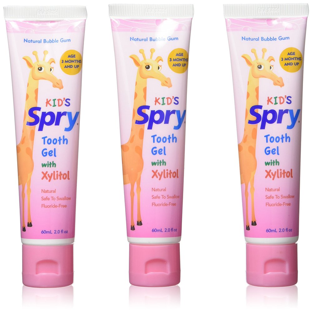 Spry Natural Xylitol Toothpaste for Baby, Toddler and Kids Age 3 Months and Up - Fluoride Free Tooth Gel, Tasty, Support Development of Emerging Teeth, Bubble Gum 2 Fl Oz (Pack of 3)