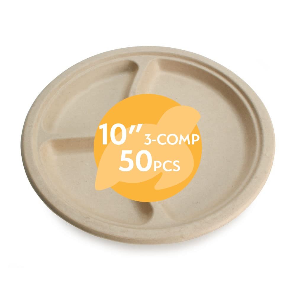 100% Compostable Disposable Paper Plates Bulk [10" 3-Comp 50 Pack], Bamboo Plates, Eco Friendly, Biodegradable, Sturdy Large Dinner Party Plates, Heavy-Duty, Unbleached by Earth's Natural Alternative