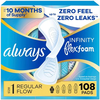 Always Infinity Feminine Pads for Women, Flexfoam Pads with Wings, Size 1, Regular Absorbency, Unscented, 108 Count (3 Packs of 36)