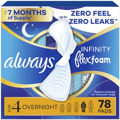 Always Infinity Feminine Pads for Women, Flexfoam Pads with Wings, Size 4, Overnight Absorbency, Unscented, 78 Count (3 Packs of 26)