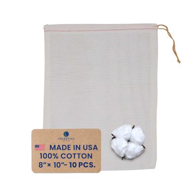 Celestial Gifts Muslin Bags with Drawstring 10pcs, 8x10 - Large Drawstring Bags Bulk - For Gifts, Parts, Party Favor and DIY Craft - 100% Cotton - Made in USA - (Red Hem & Orange Drawstring)
